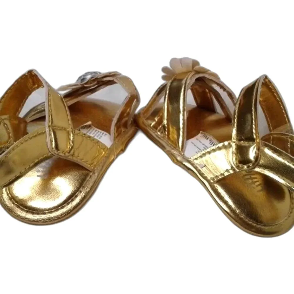 Little Me Baby Girl Sandals Sz 3 Infant Gold Straps Flower Rhinestone NEW